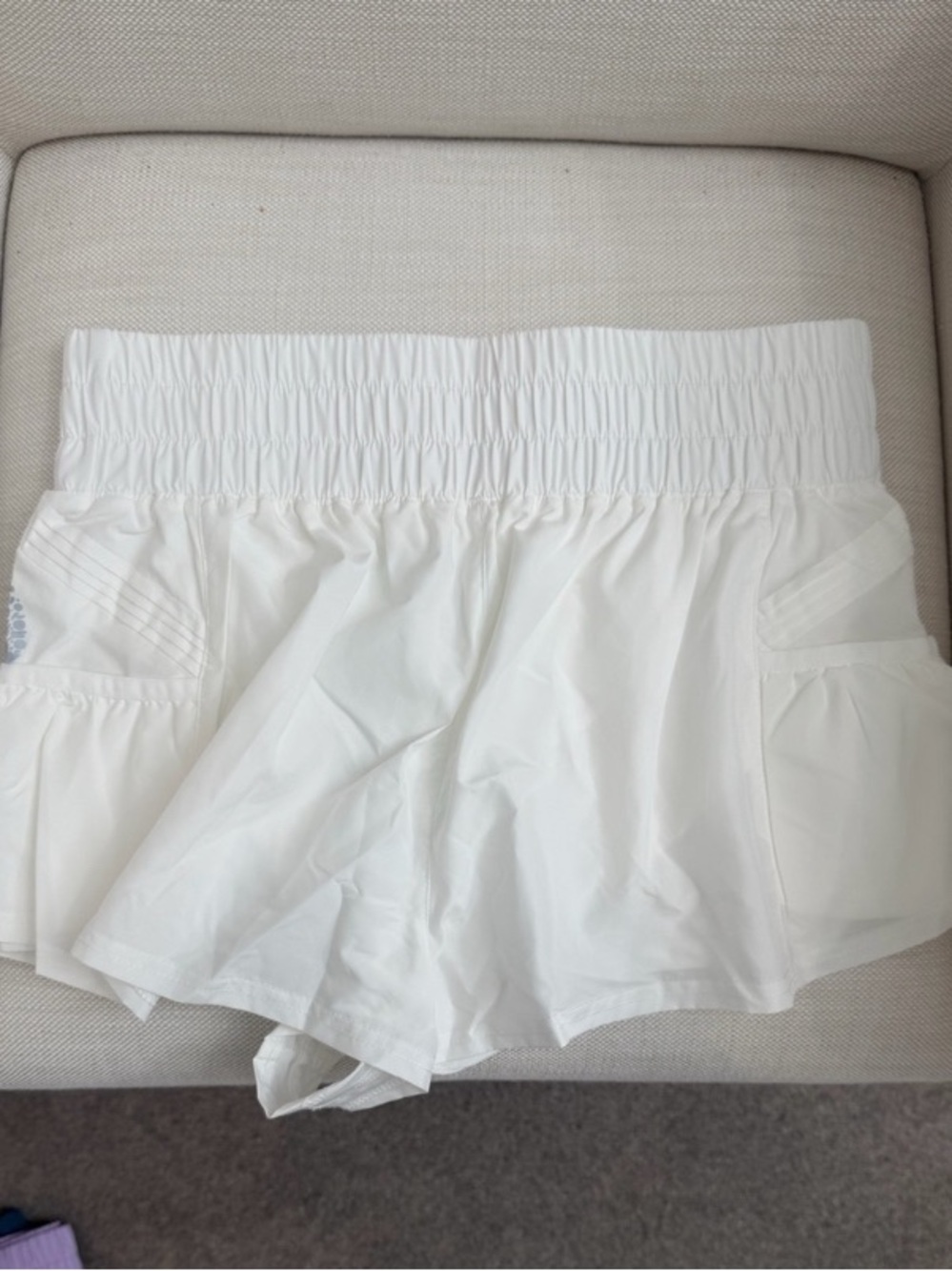 Women's White Athletic Shorts with Smocked Waist and Side Pockets